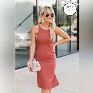 Rust Ribbed Fitted Midi Tank Dress